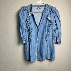 ROCKIN C Denim Ruffle Button Front Shirt Dress Denim Blue Cotton Size Medium